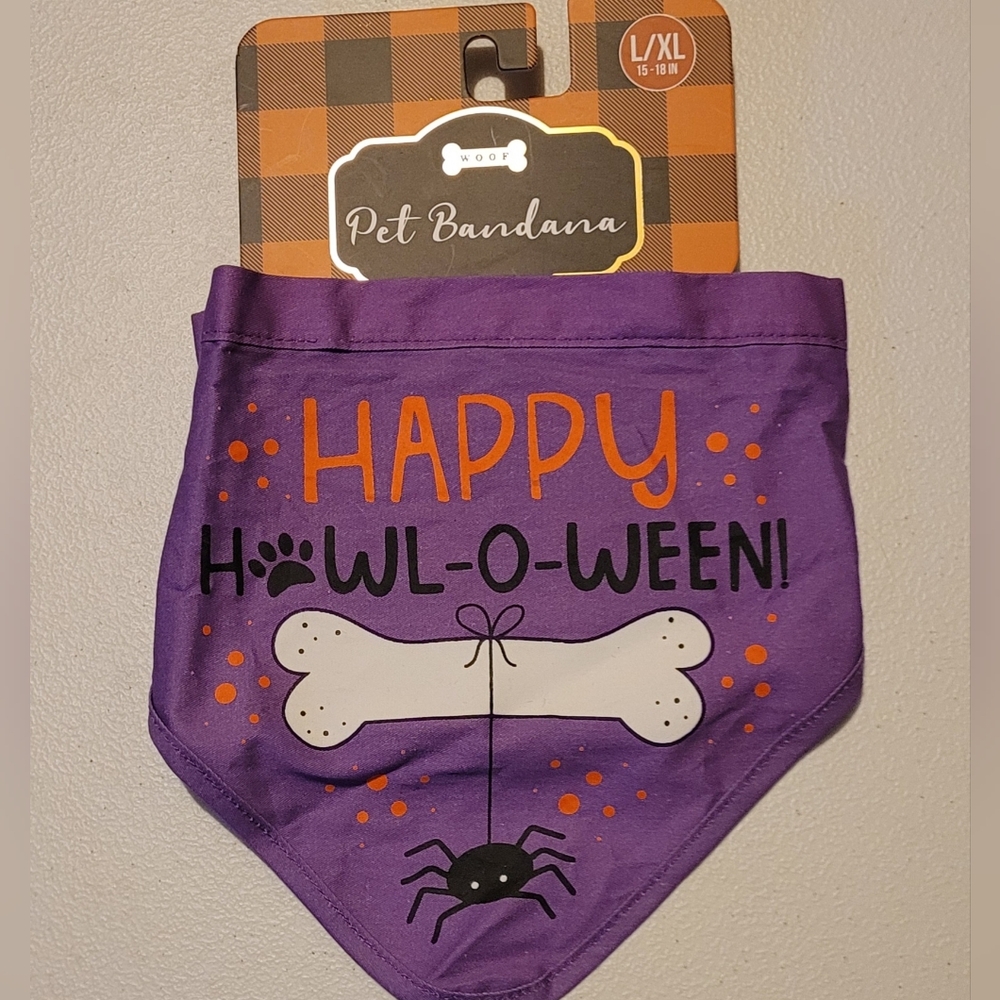 Woof Happy Howl-o-ween, L/XL, Purple Orange Black And White, Pet Bandana